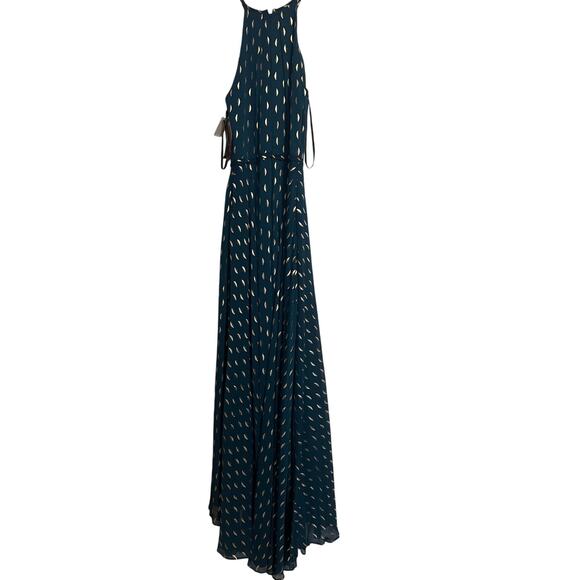 NWT Betsy & Adam Dark Teal Gold Foil Print Halter Neck Chiffon Gown Size 4 $248 - Picture 6 of 8